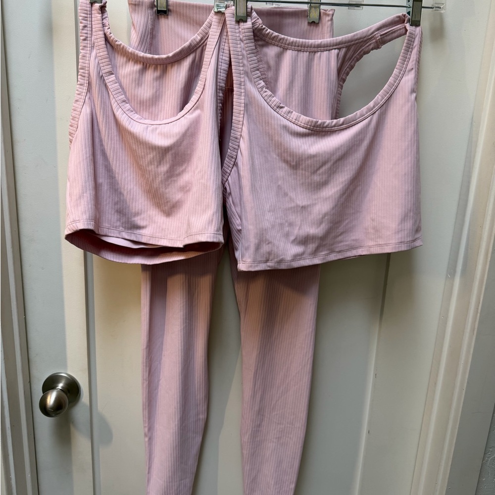 All in Motion Light Pink Ribbed Leggings (small) and 2 sports bras—med/large